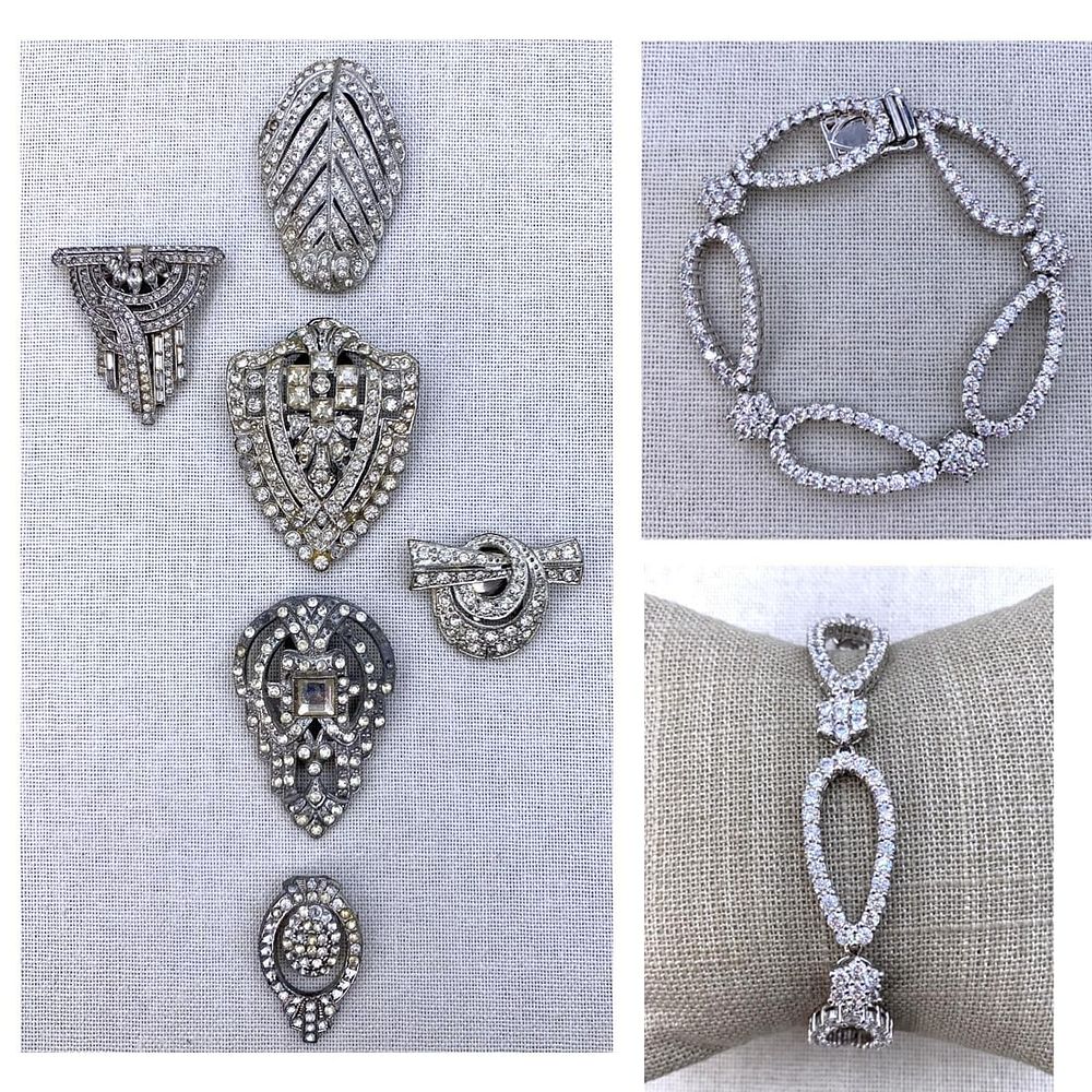 Lot 361: 6 Vintage Art Deco Fur, Garment, Dress Clips and JBK Camrose & Kross Teardrop Crystal Bracelet