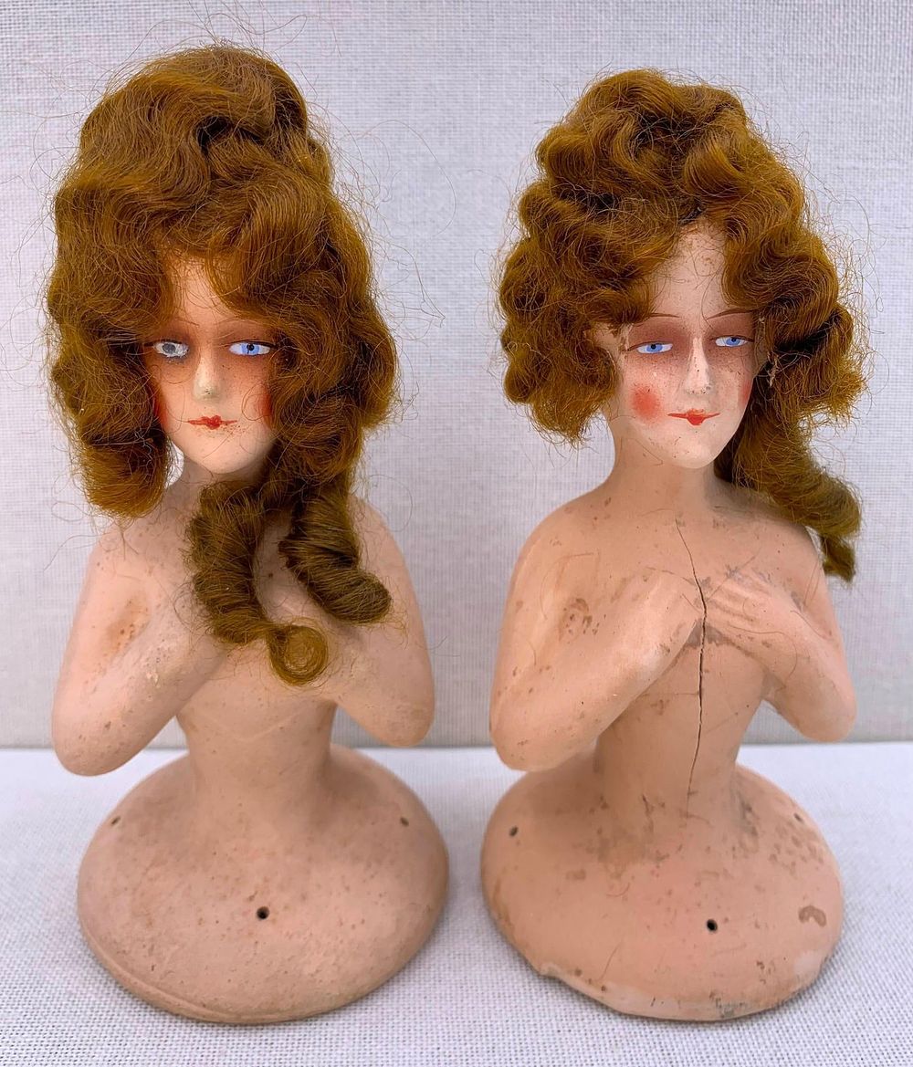Lot 366: Pair Antique German c1920s Auburn Haired Boudoir Papier Mache Half Dolls