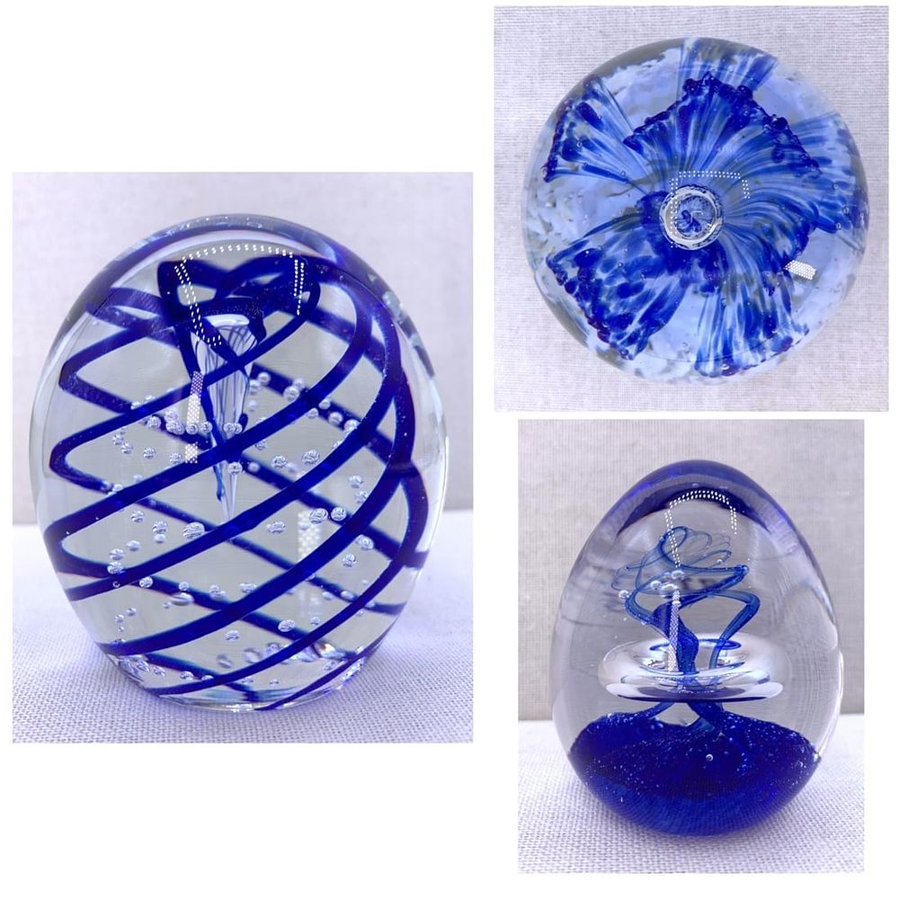 Lot 367: 3 Vibrant Cobalt Blue Vintage Studio Art Glass Paperweights: Gentile, Bohemian