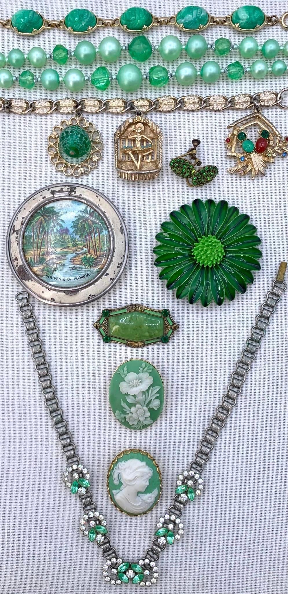 Lot 368: 11 pc Art Deco to Mid Century Sage Green Jewelry and Compact Collection