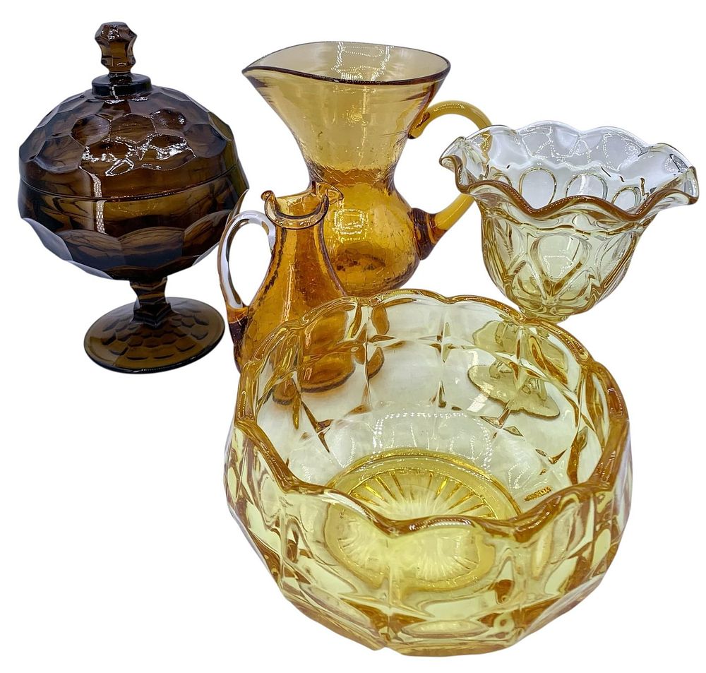 Lot 369: 5 pc Mid Century Chocolate Viking Georgian, Yellow Doric Westmoreland, Indiana, Amber Crackle Glass