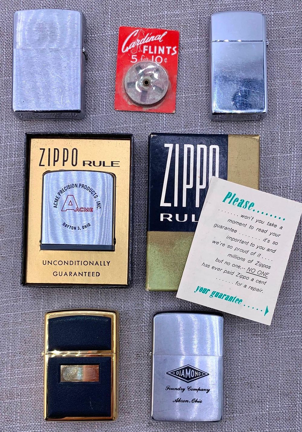 Lot 372: 6 pc Vintage ZIPPO Lighter, Measuring Rule, Flint Collection