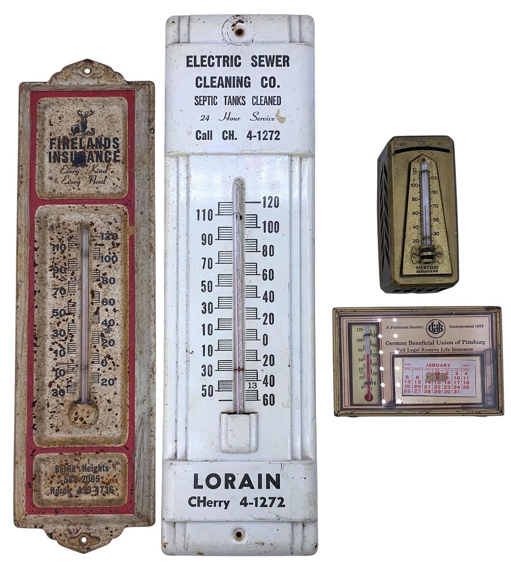 Lot 374: 4 Working Vintage Art Deco to Mid Century Metal Advertising Thermometers