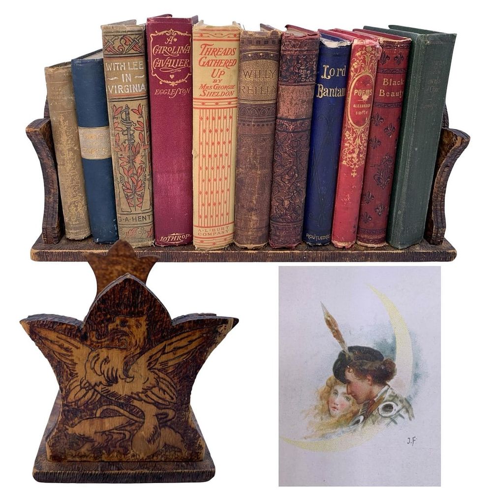 Lot 375: Antique Mythical Griffin Pyrography Folding Wood Book Holder with 11 Antique Books