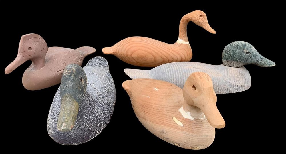 Lot 379: 5 Antique to Vintage Carved Wood, Composite, Hunting Duck Decoys, Huntsman Cabin Decor