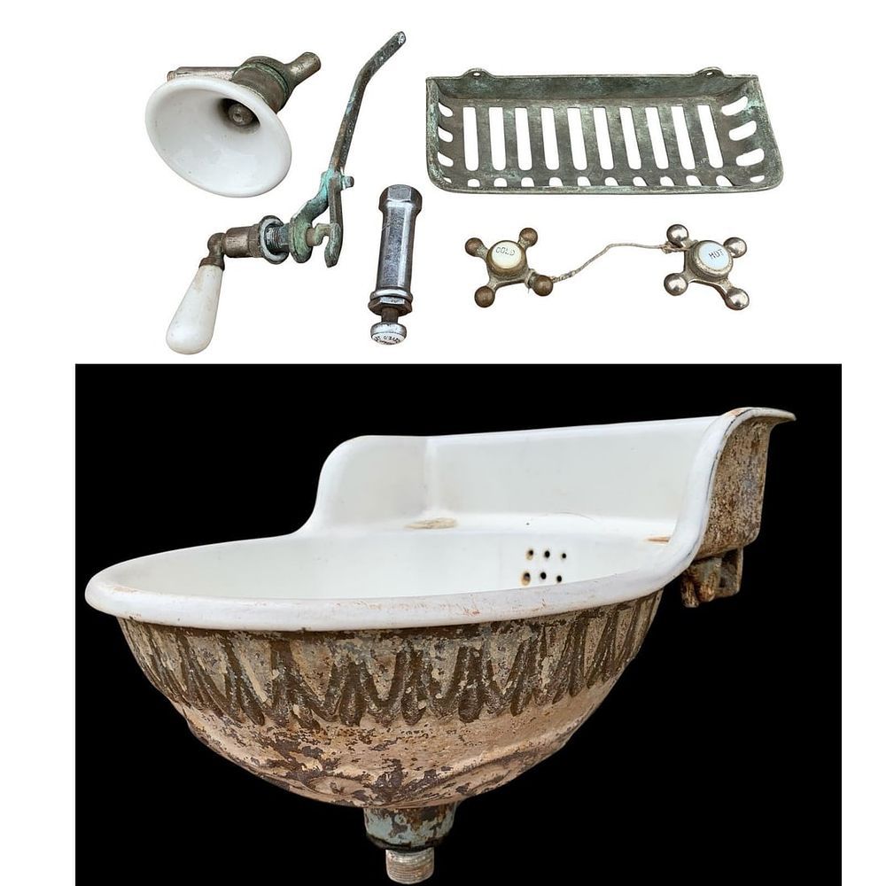 Lot 383: Antique Victorian Porcelain Sink, Fixtures and Accessories