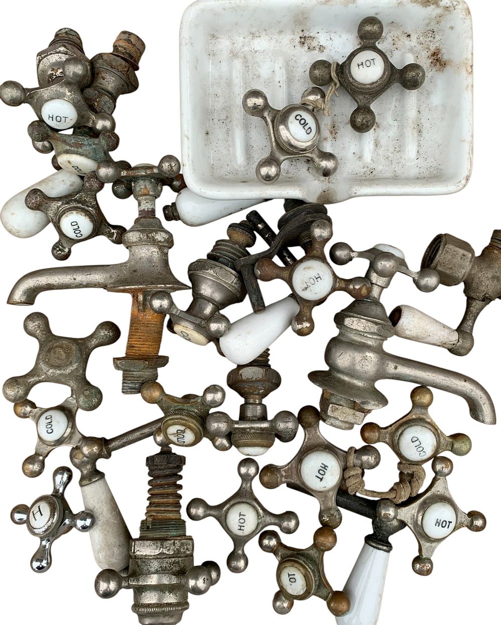 Lot 386: 27 pc Antique to Vintage Porcelain and Metal Hot/Cold Faucet Fixture Handle Lot