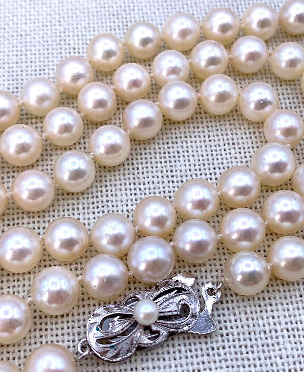 Lot 387: Incredible Mikimoto 6mm Luminous Cream Cultured Akoya Pearl Vintage Single Strand Necklace