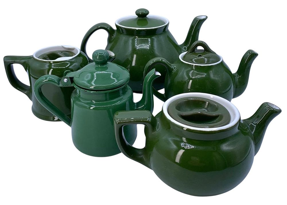 Lot 388: 5 Vintage HALL Pottery, Enamel, Pea Green and White Teapots