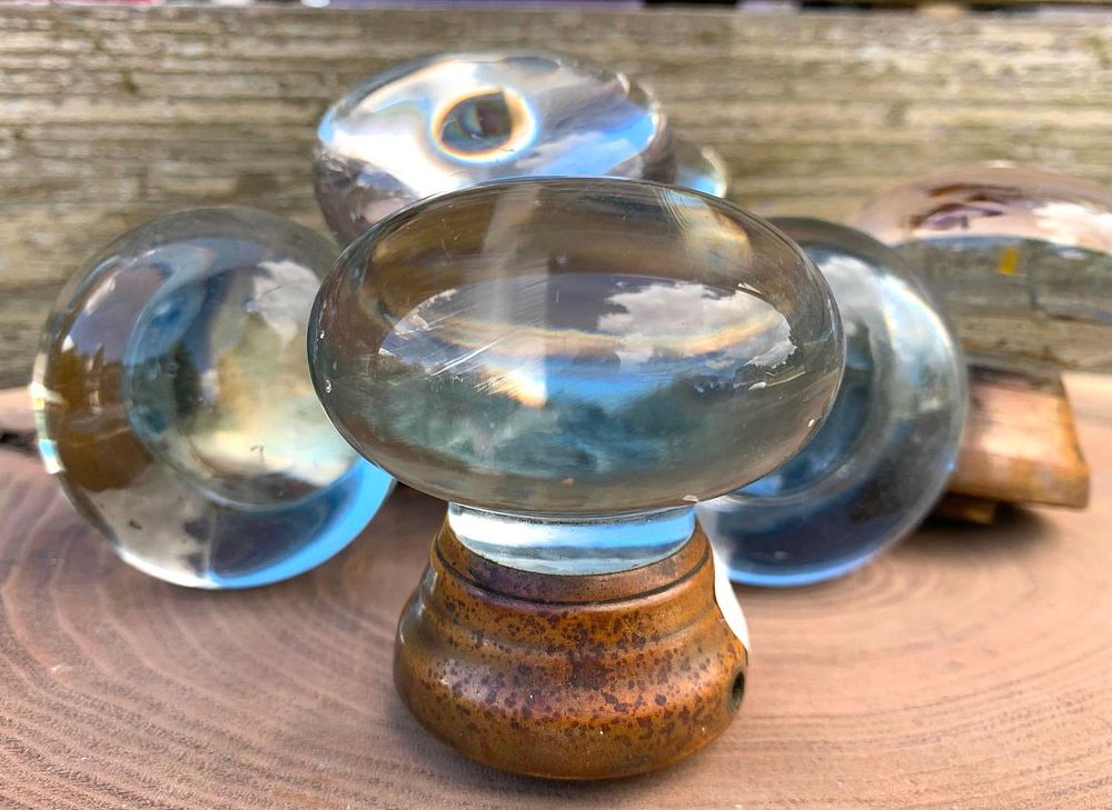 Lot 395: 6 Antique Victorian Brass Mystical Crystal Orb Knob Door Handles