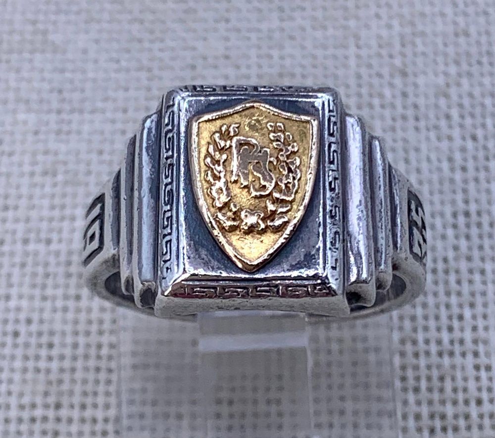Lot 396: 1935 10k Gold and Sterling Silver Signet Shield Art Deco Class Ring