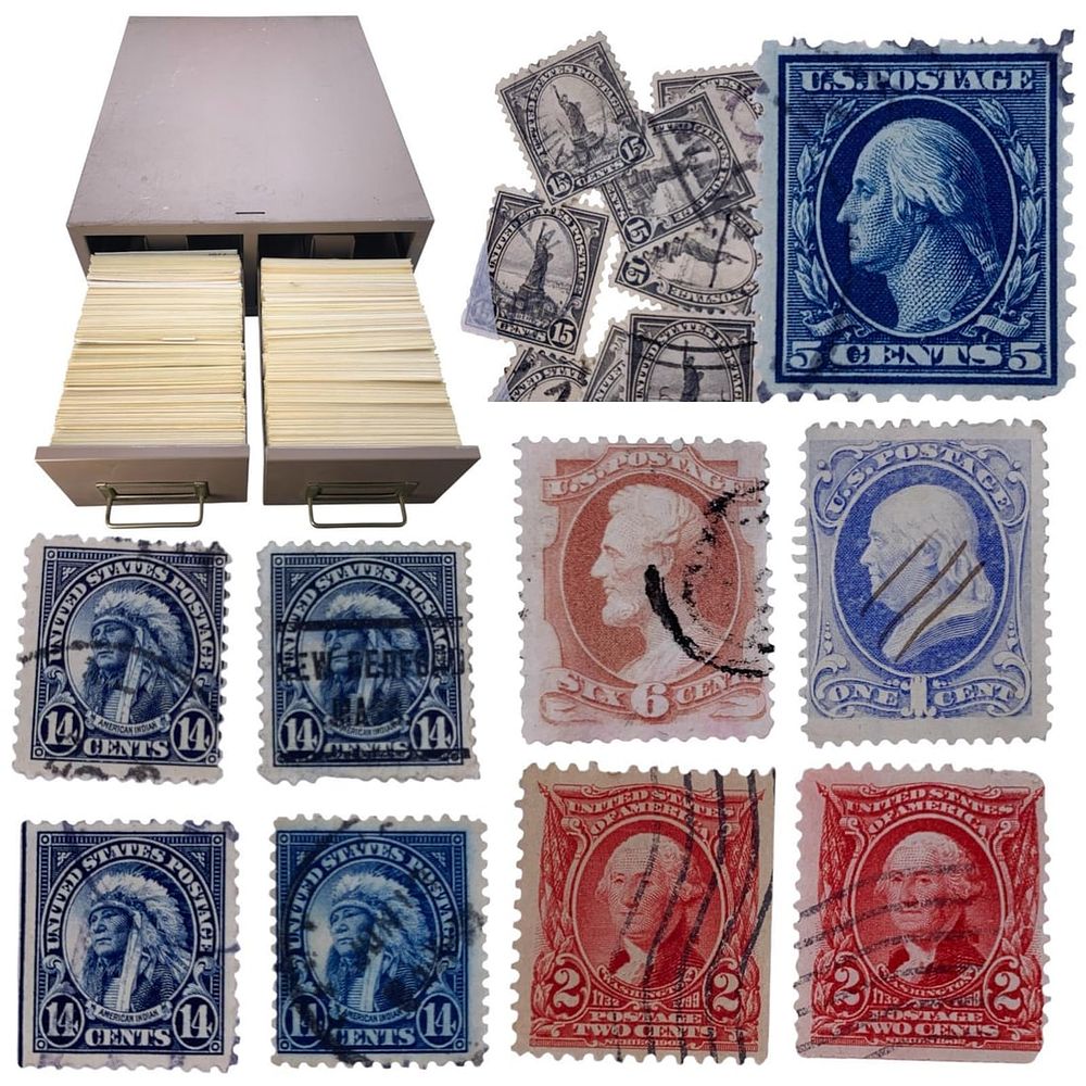 Lot 397: 1500+ Antique to Vintage US Postage Stamps in 2 Drawer Metal Storage Cabinet