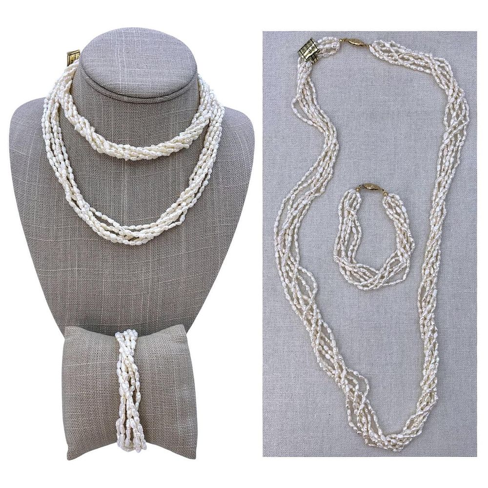 Lot 399: Vintage New Old Stock 6 Strand Freshwater Pearl Necklace and Bracelet Set with Original Tag