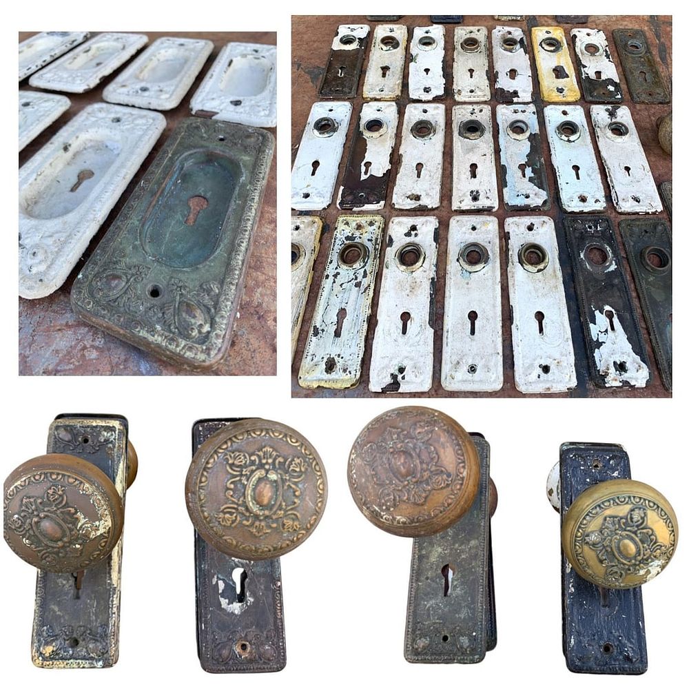 Lot 400: 47 pc Antique Architectural Salvage Matching Embossed Door Backplates and Fancy Brass Doorknobs