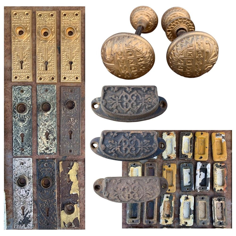 Lot 404: 57 pc Antique Architectural Salvage Matching Embossed Door Backplates, Drawer Pulls and Doorknobs
