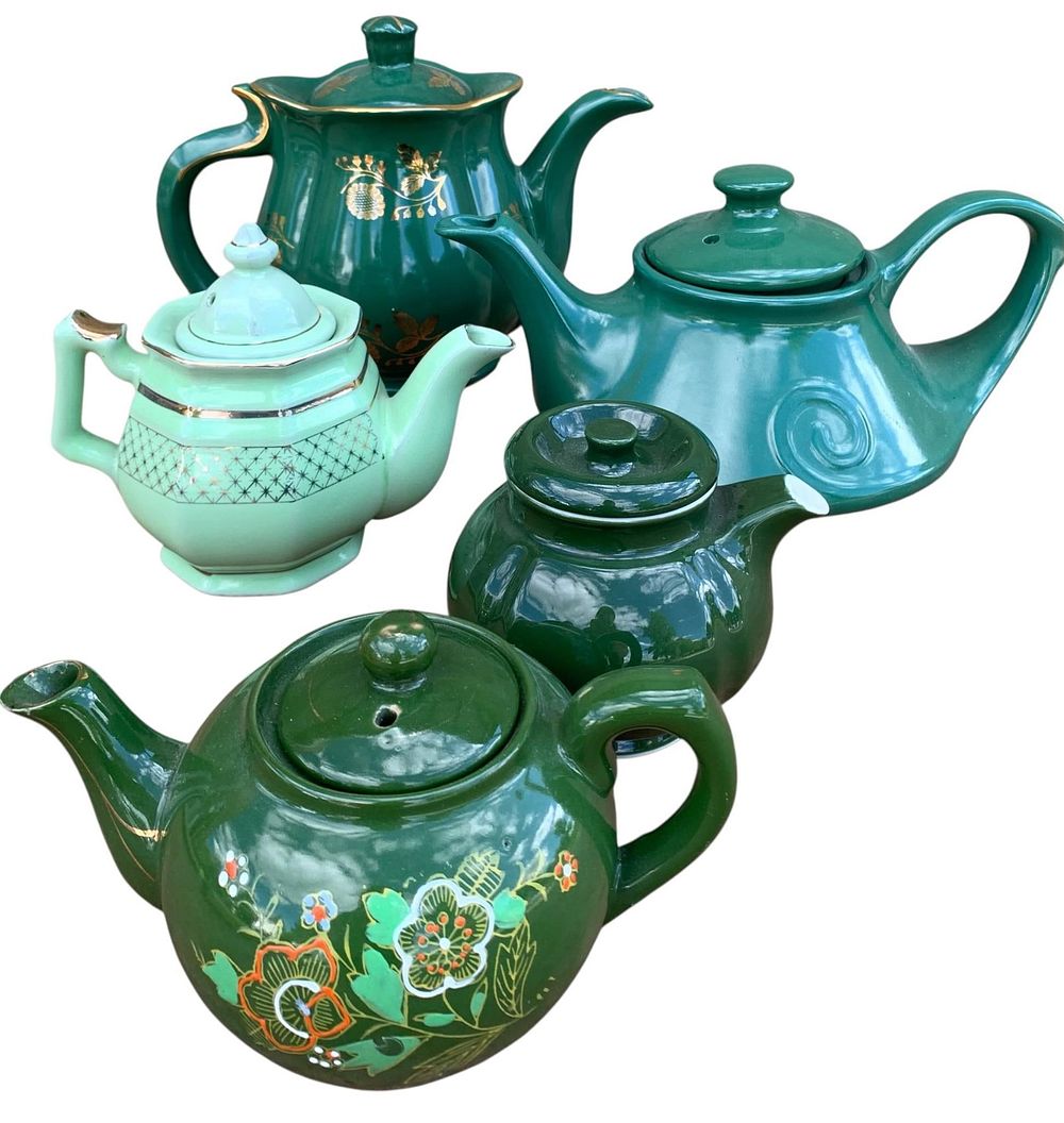 Lot 405: 5 Vintage Pine and Jade Green Pottery, Redware, Teapots