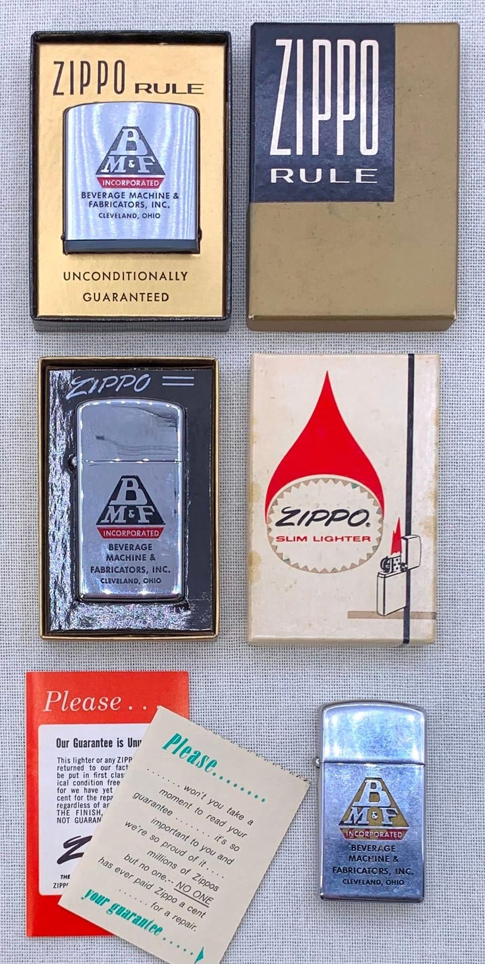 Lot 406: 3 pc Vintage NOS and Used ZIPPO Lighters and Rule with Boxes, Cleveland Oh Co Advertising