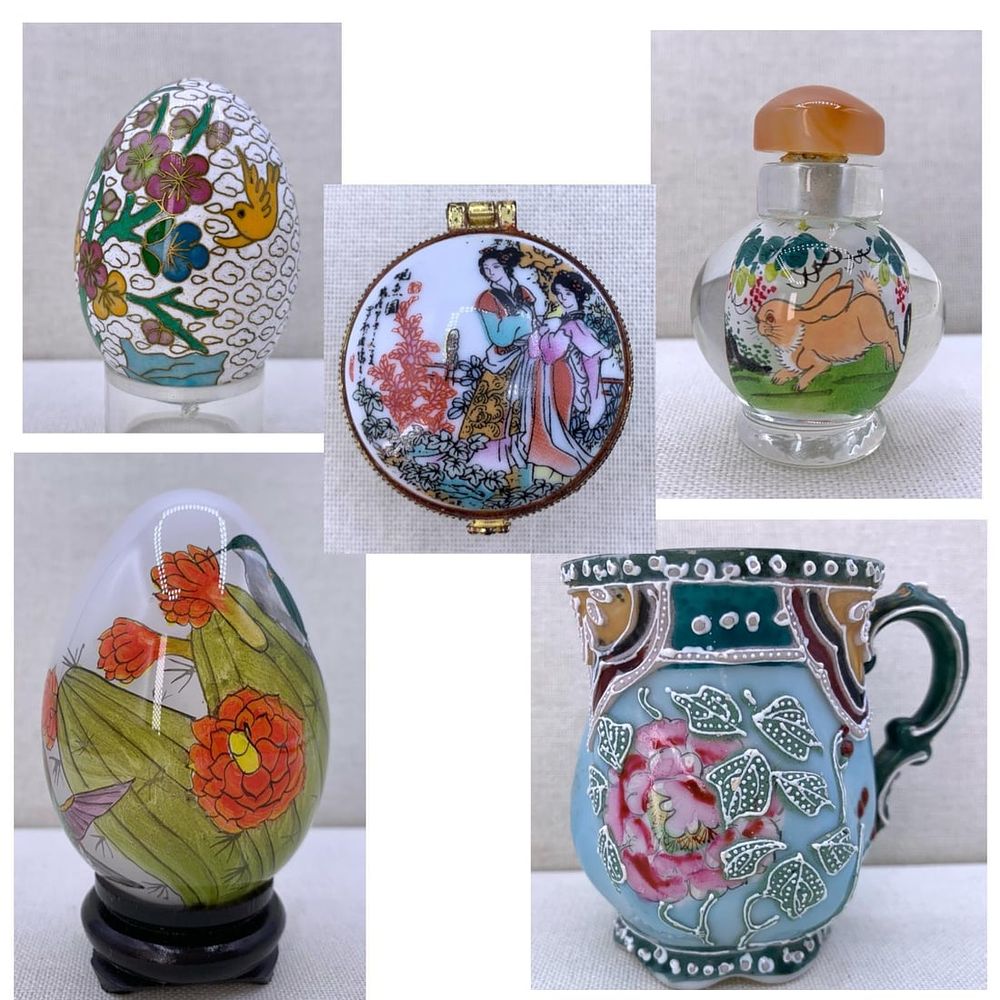 Lot 407: 5 pc Vintage Japanese Moriage, Chinese Cloisonne, Reverse Painted Snuff, Hummingbird, Porcelain Box