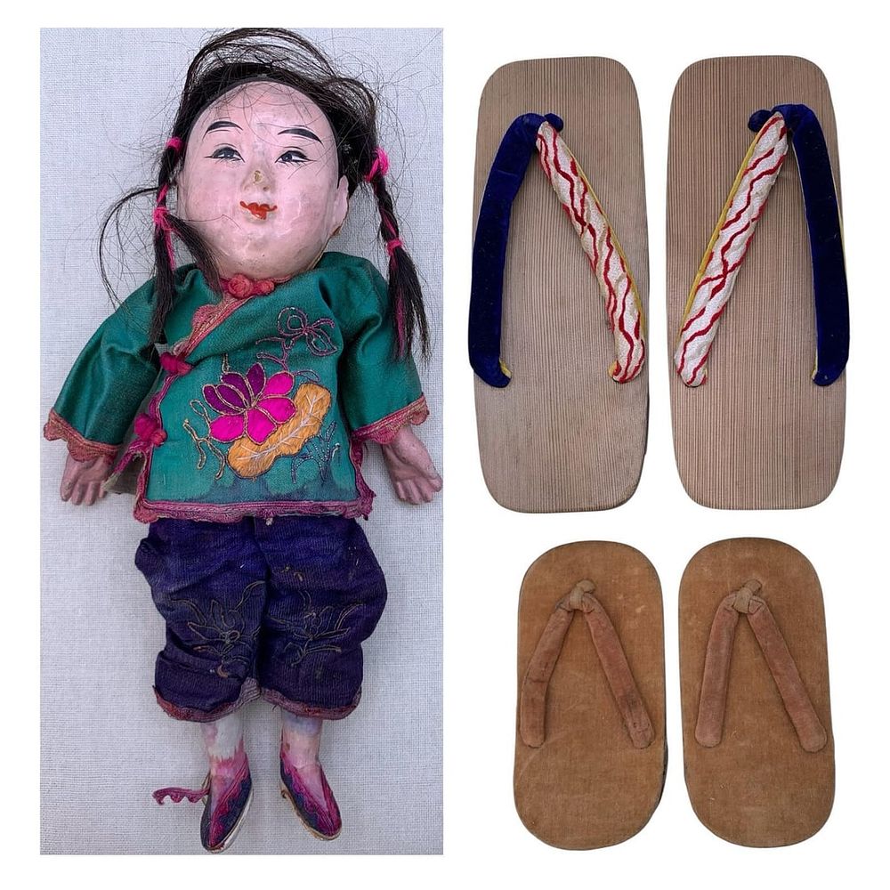 Lot 409: Vintage Chinese Composition Doll, Mid Century Japanese Geta and Child Size Zori Sandals