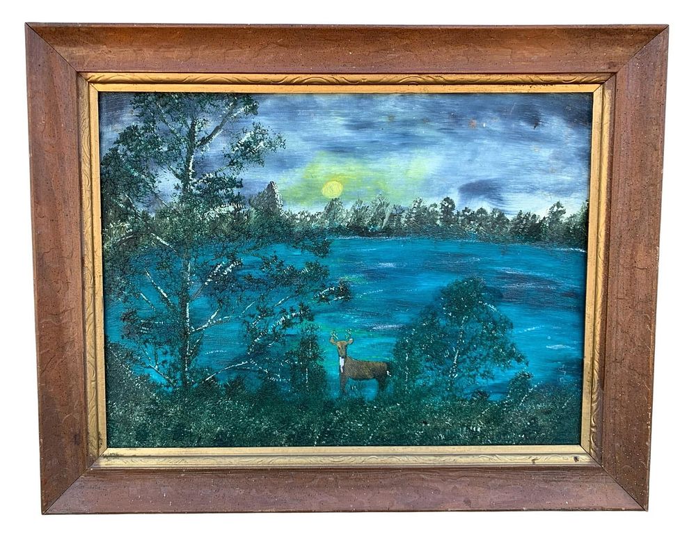 Lot 414: Vintage Wood Framed Moonrise Woodland Lake Stag Oil Painting