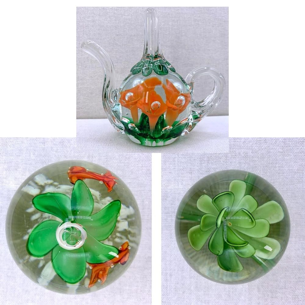 Lot 418: 3 Vibrant Moss, Lime and Tangerine Floral Vintage Studio Art Glass Paperweights
