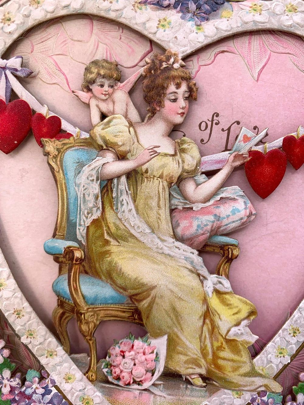 Lot 421: LARGE 15 inch Antique Victorian Embossed Pink Rose Offering of Love Die Cut Stand Up Sweetheart Card