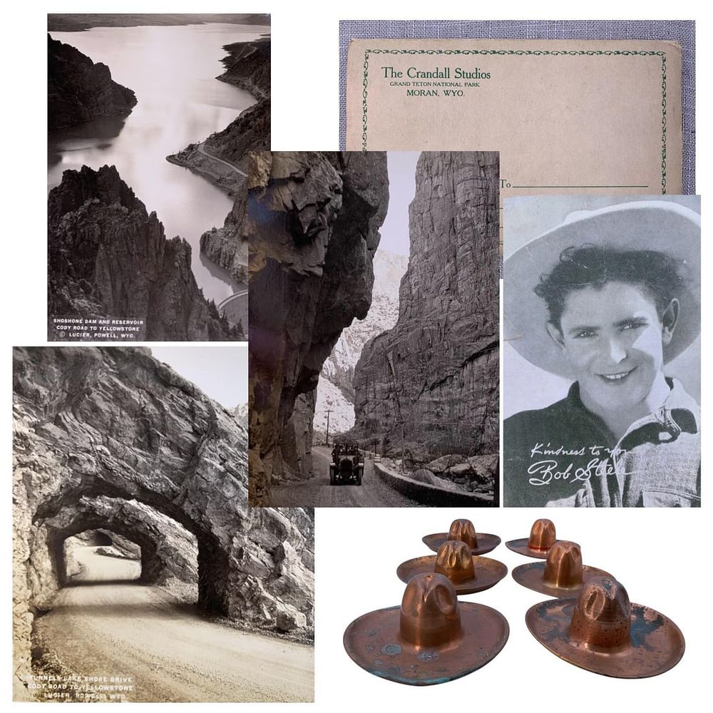 Lot 422: 30 pc Vintage Shoshone Canyon, Grand Teton, Yellowstone Photos, Copper Cowboy Hat Travel Souvenirs