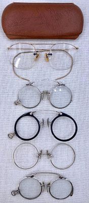 5 Antique to Vintage Pince Nez, Spectacle, Eyeglass Collection. Two pairs of early embossed 1/10 