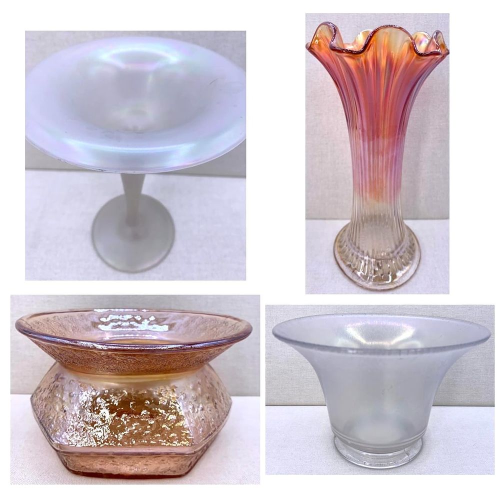 Lot 425: Antique Steuben Verre de Soie Compote, Vintage Iridized Stretched Bowl, Carnival Spittoon and Vase