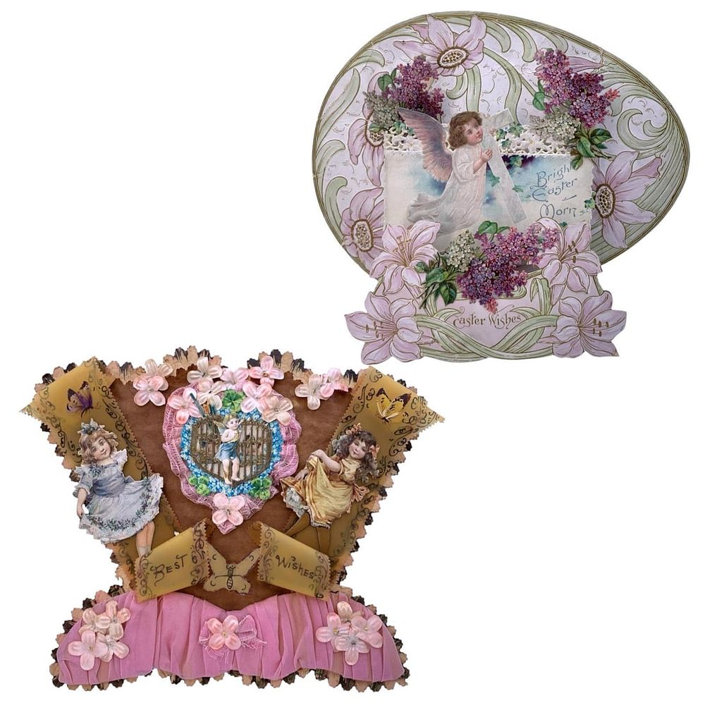 Lot 427: 2 LARGE Antique Victorian Embossed Die Cut Best Wishes and Easter Wishes Stand Up Greeting Cards