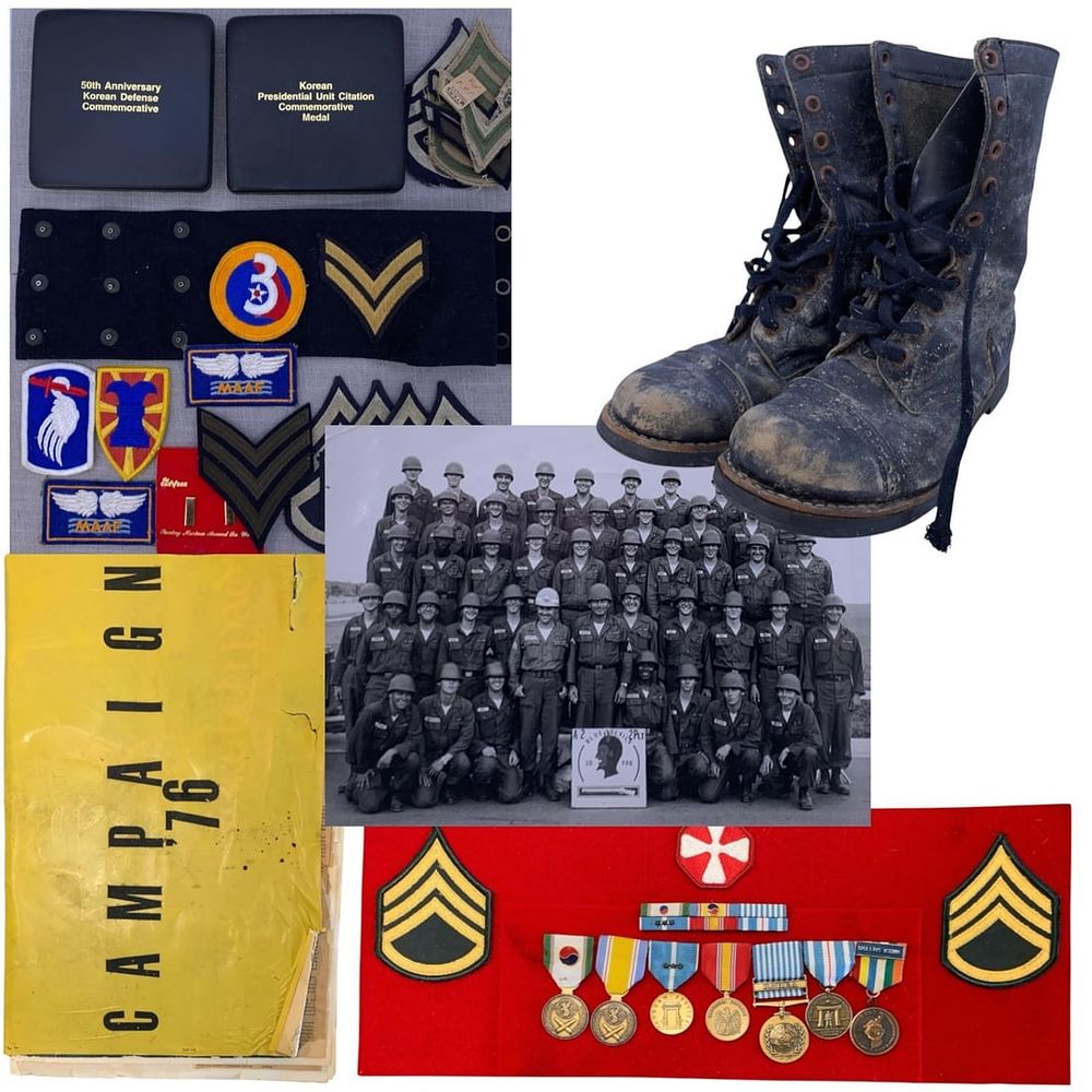 Lot 429: 50 pc Vintage US Military Collection: Blue Devils Autographed Photo, Jump Boots, Medals, Discharge