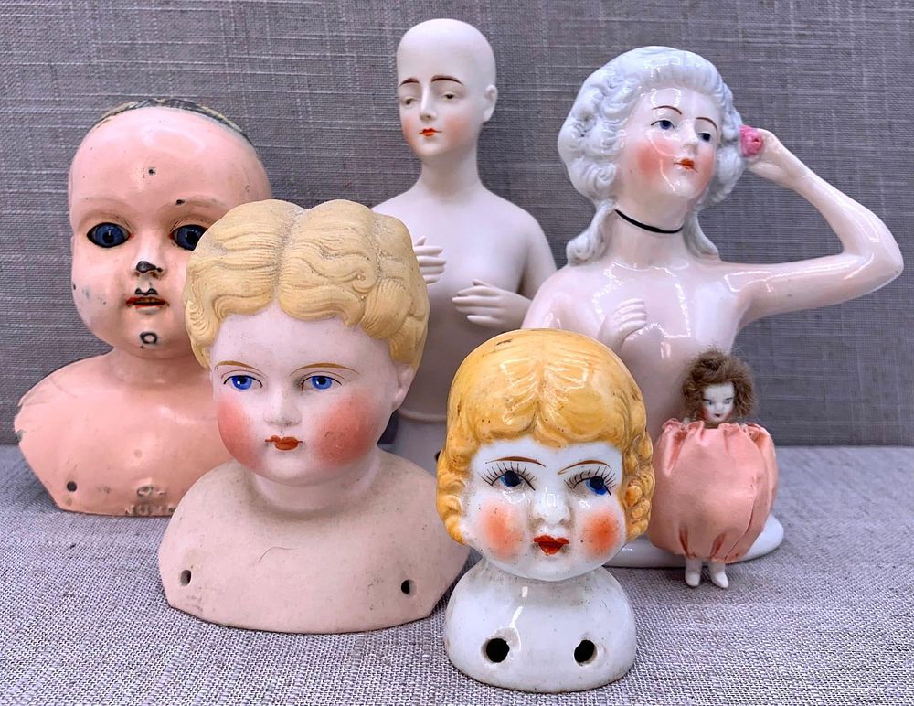 Lot 431: 6 Antique to Vintage German Bisque Boudoir 1/2 Dolls, German JUNO and Japan Head, Bisque Penny Doll