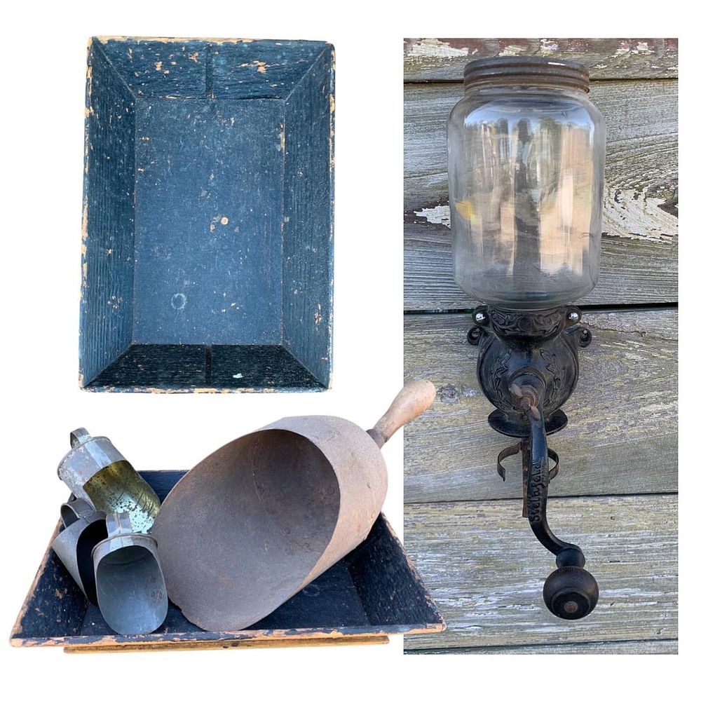 Lot 433: Antique Steinfeld Wall Coffee Grinder, Primitive Kitchen Tray & General Store Scoop Collection