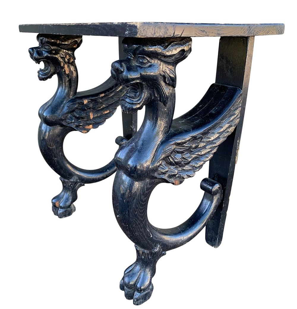 Lot 435: Salvaged Antique Raven Black Winged Griffin Leg Carved Wood Bench, Gothic Side Table