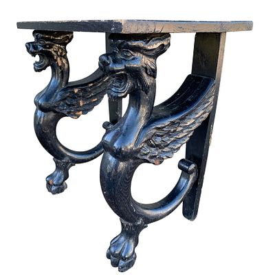 Salvaged Antique Raven Black Winged Griffin Leg Carved Wood Bench, Gothic Side Table. Pair of 