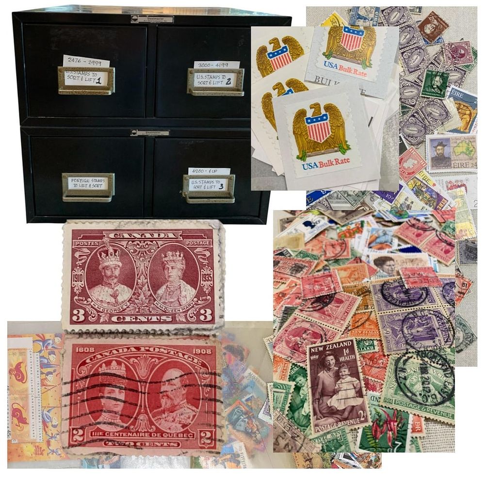 Lot 436: 2300+ Vintage US and Antique to Vintage International Postage Stamps in Metal Storage Cabinet