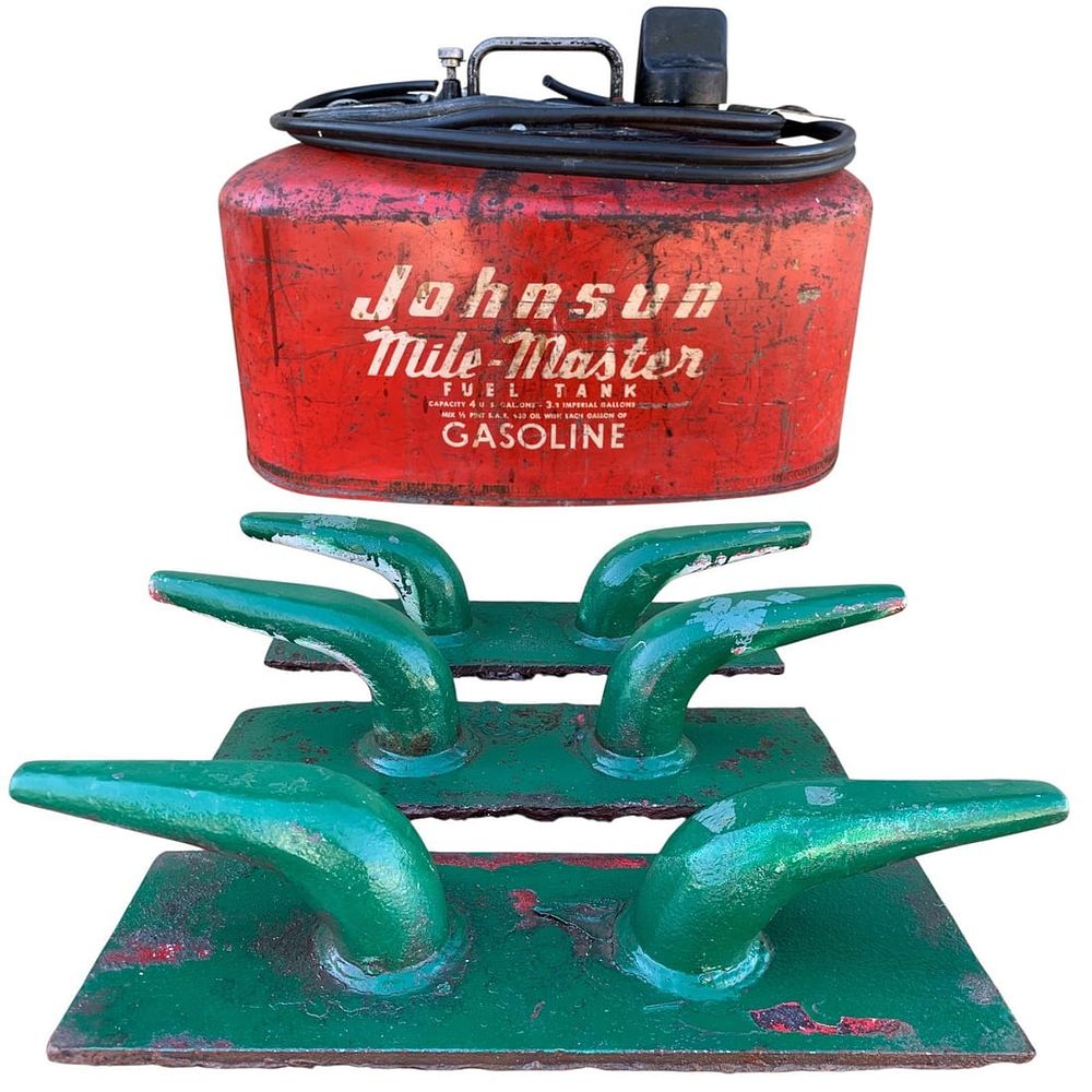 Lot 437: 3 Vintage Iron Maritime Ship Dock Cleats and Johnson Mile-Master 4 Gallon Boat Fuel Tank