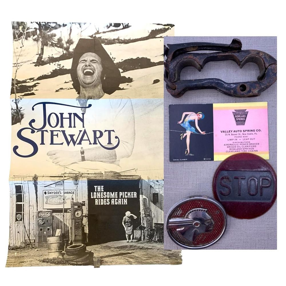 Lot 438: Antique Roadster Convertible Top Bracket, 1950s Pontiac Emblem, STOP Lens, Service Station Advert