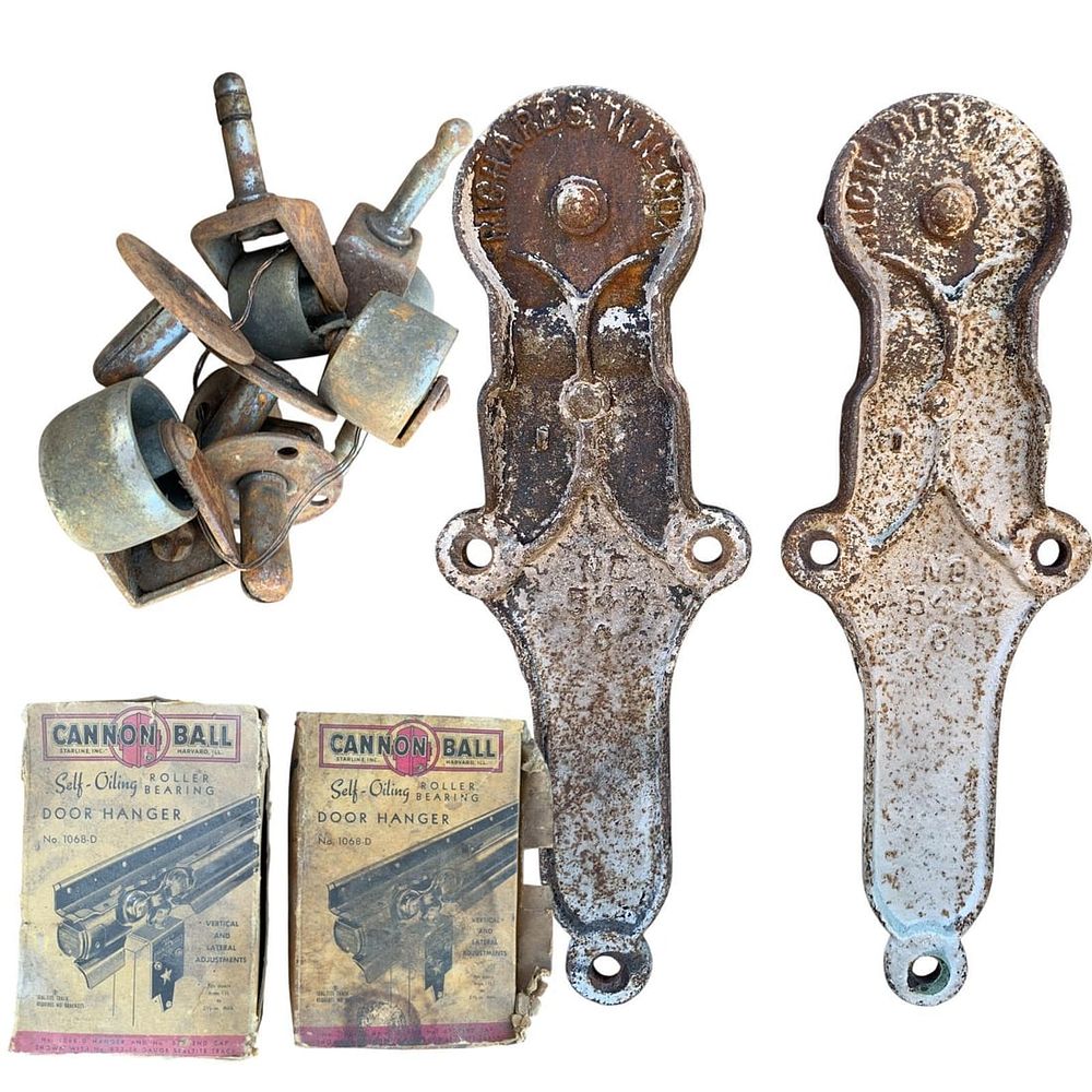 Lot 439: Pair Antique Richards Wilcox Barn Door Trolleys, Cannonball Door Hangers, 29 Industrial Metal Wheels