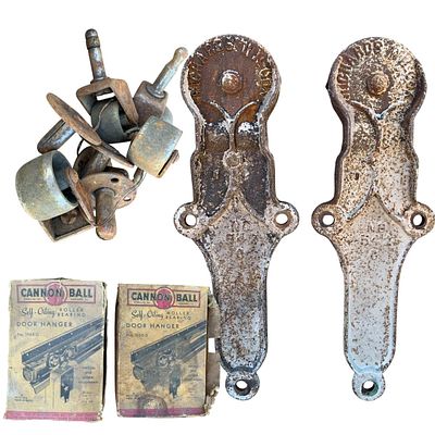 Pair Antique Richards Wilcox Barn Door Trolleys, Cannonball Door Hangers, 29 Industrial Metal Wheels
