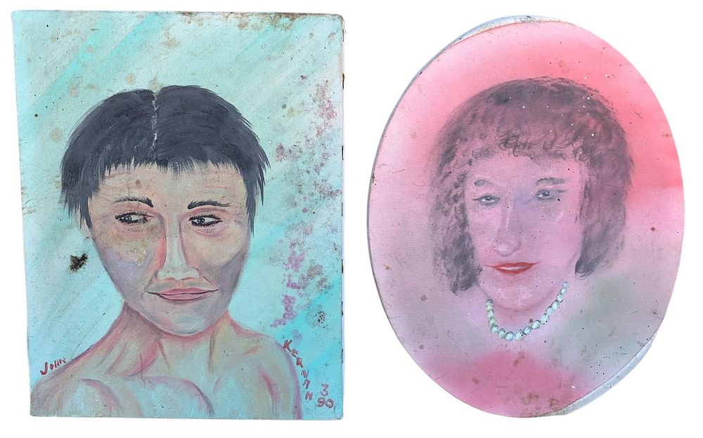 Lot 440: Pair of Quirky Hand Painted Vintage Oil on Canvas Figural Art Paintings