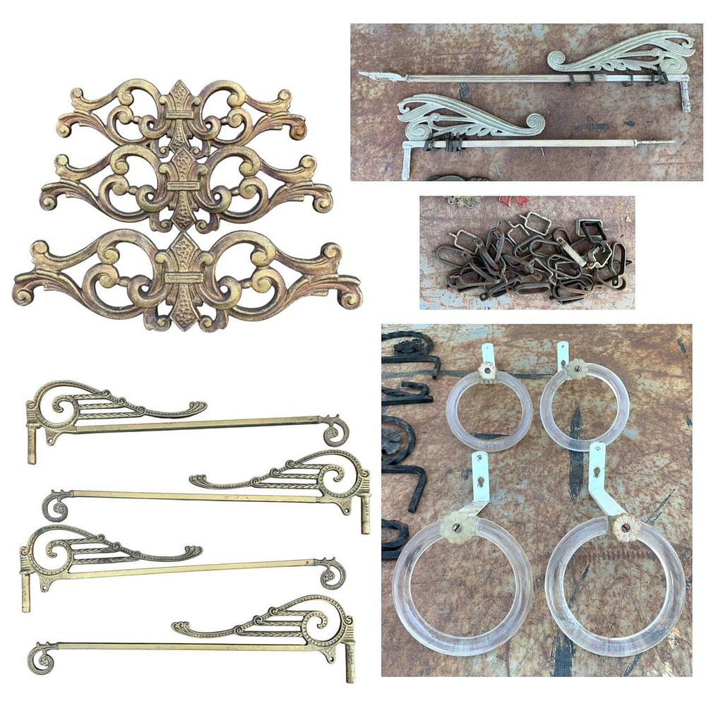 Lot 441: 70 pcs Vintage Architectural Swing Arm Curtain Rods, Clear Glass Curtain Tie Backs, Ornate Rod Trim