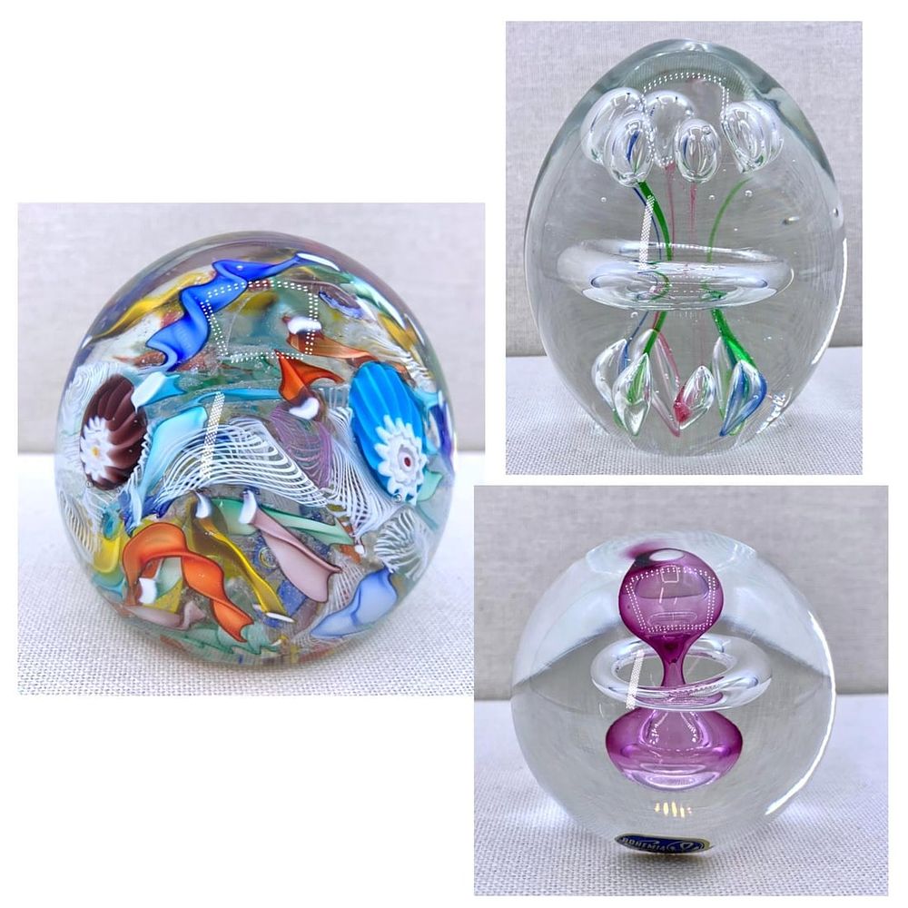 Lot 442: 3 Vibrant Vintage Studio Art Glass Paperweights: Venetian Latticino Scramble, Bohemian