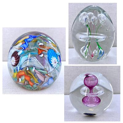 3 Vibrant Vintage Studio Art Glass Paperweights: Venetian Latticino Scramble, Bohemian No issues