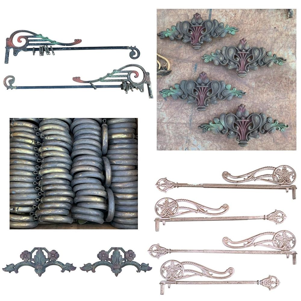 Lot 445: 170 pcs Vintage Architectural Swing Arm Curtain Rods and Brass Rings, Clear Glass Curtain Tie Backs
