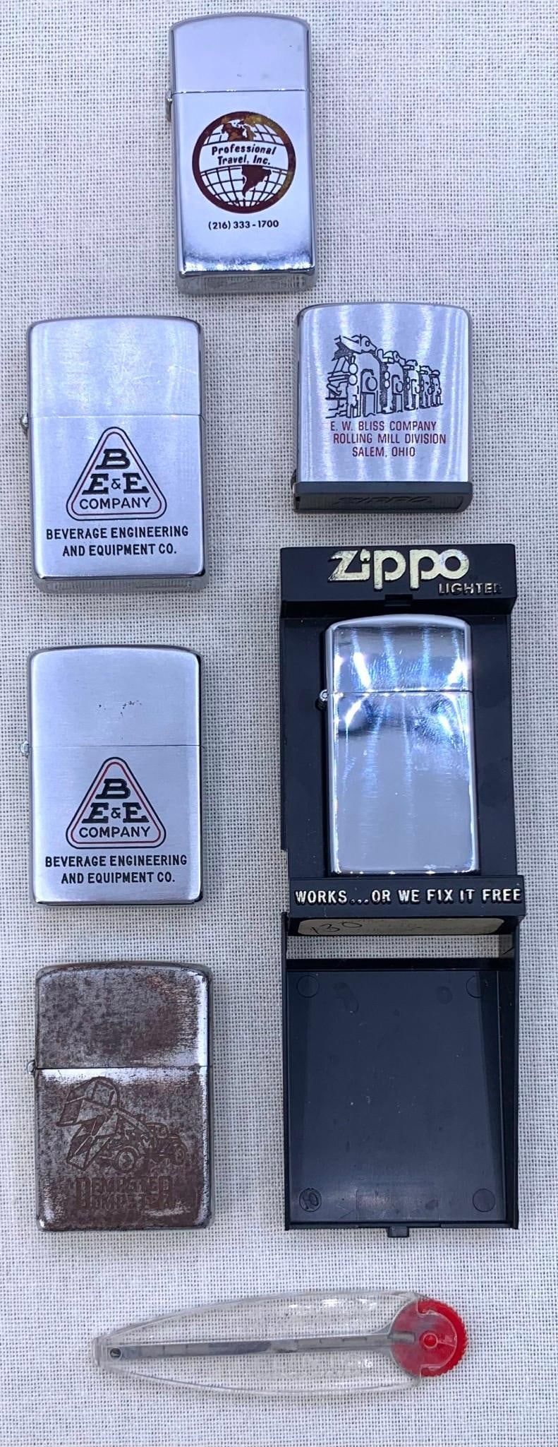 Lot 446: 7 Vintage and NOS ZIPPO Lighters, Measuring Rule and Zippo Flints