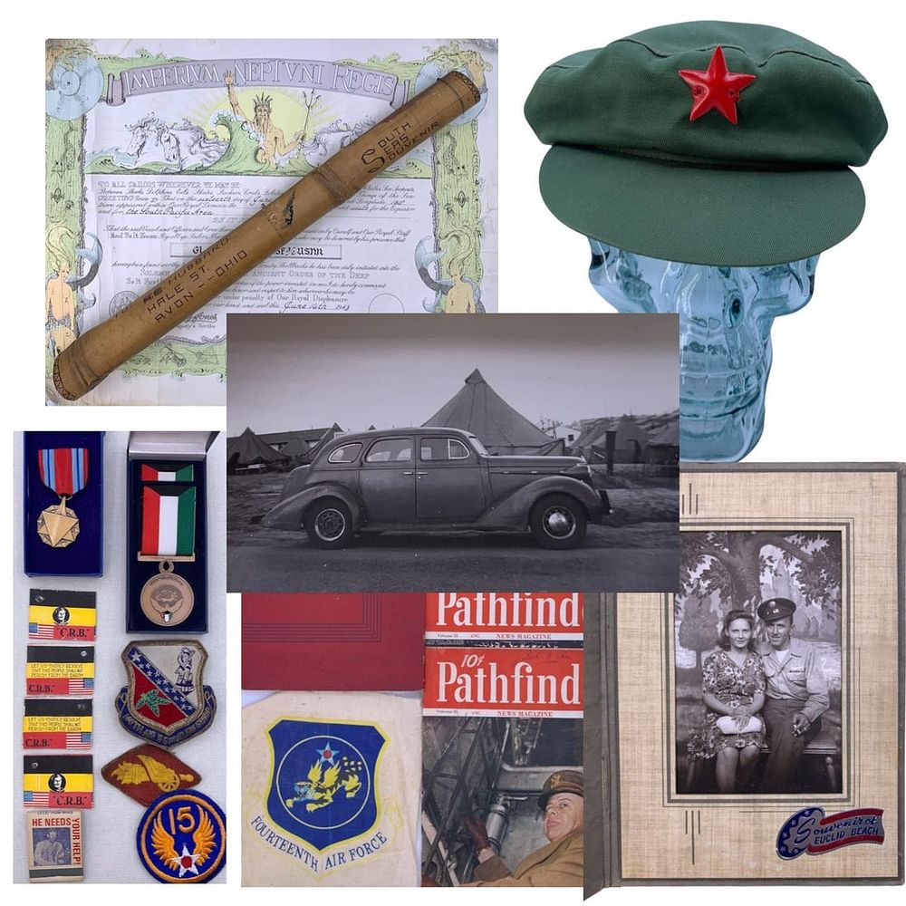 Lot 448: Vintage US Military WWII Souvenir, Medals, Soldier Photos, Communist Chinese Officer's Hat, Patches