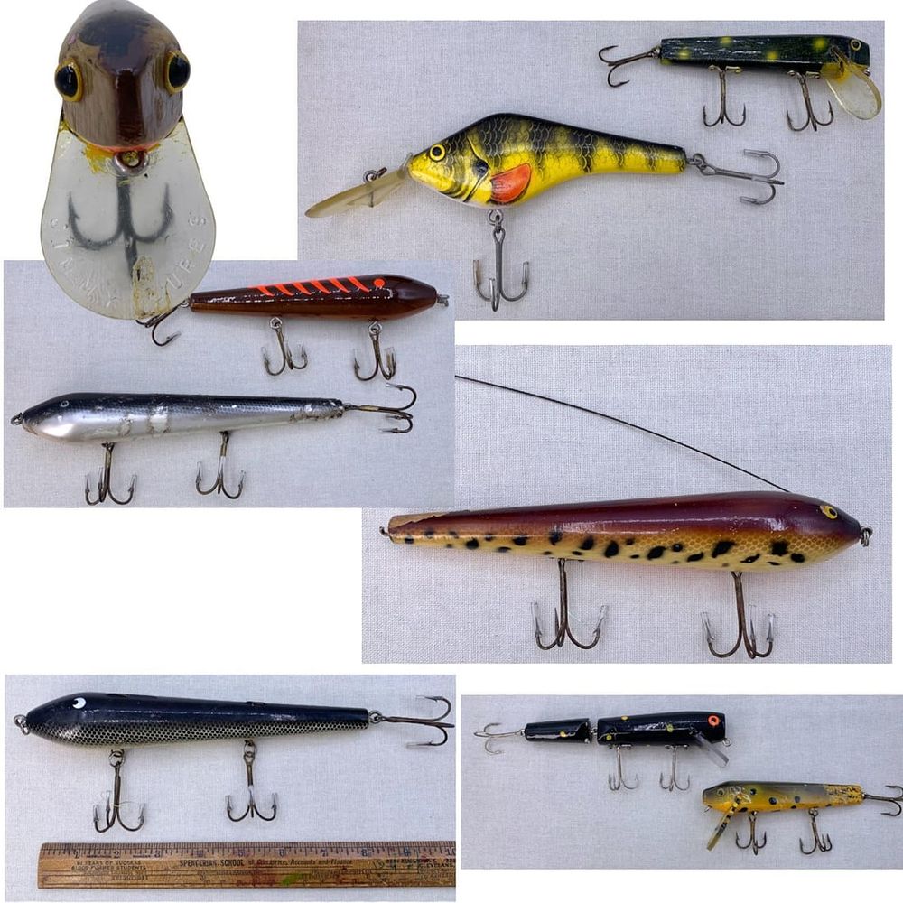 Lot 449: 9 LARGE Vintage Folk Wooden Hand Turned, Hand Painted, Jimmy Lures BIG Fish Sporting Lures