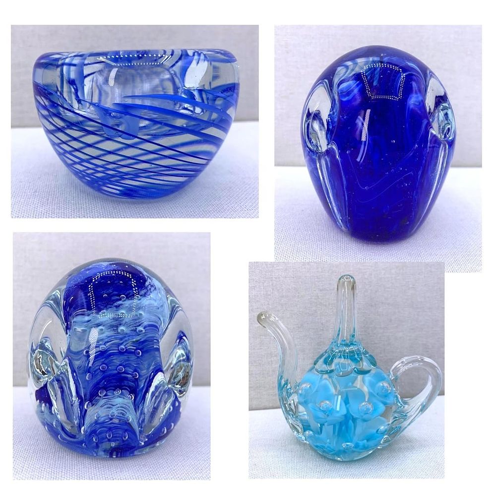 Lot 452: 4 Vibrant Cobalt and Sky Blue Vintage Studio Art Glass Paperweights: Gentile