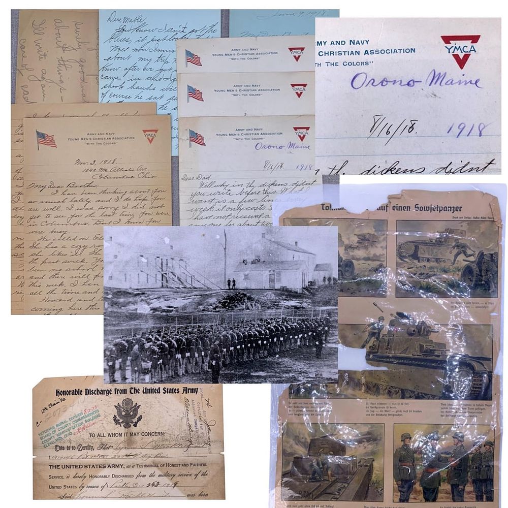 Lot 454: WWI US Soldier Discharge Papers and Letters, German Military Propaganda, Civil War Johnson Island